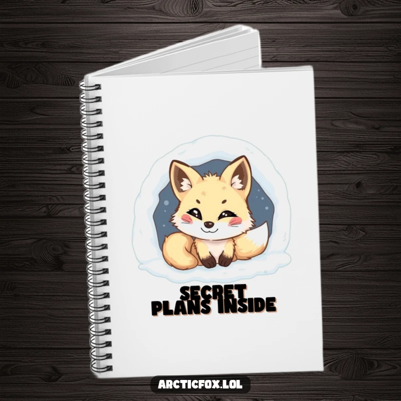 Funny Arctic fox notebook, mischievous grin, peeking from snowy den, perfect for notes and doodles, a witty funny gift.