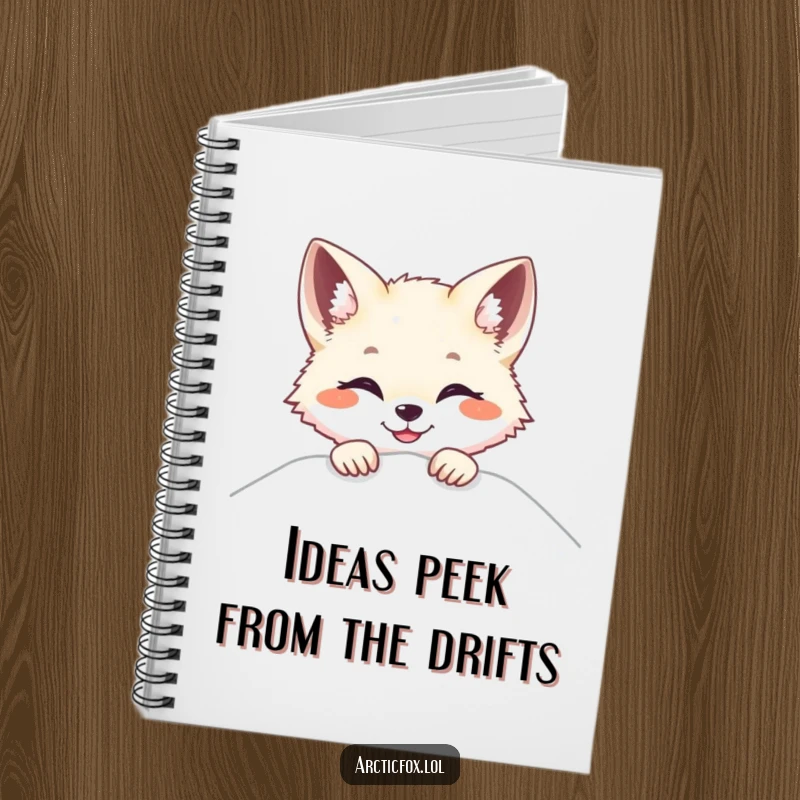 Funny Arctic fox notebook, peeking over snow with a bright smile, perfect for jotting down cheerful thoughts.