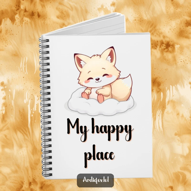 Arctic fox happily rolling in soft white powder, on the cover of a notebook, perfect for notes.