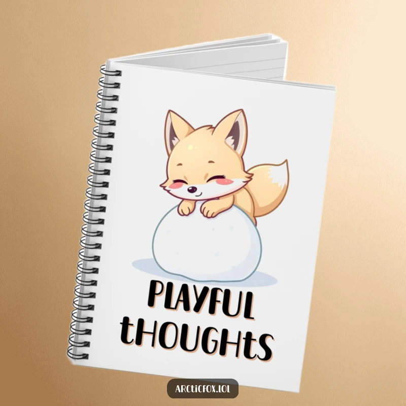 Funny arctic fox notebook featuring a playful creature pouncing with delight on a ball of soft snow, perfect for journaling playful ideas.