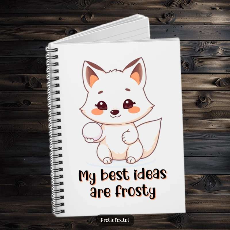 Funny Arctic fox notebook, offering a snowball with a beaming smile, perfect for friendly note-taking.
