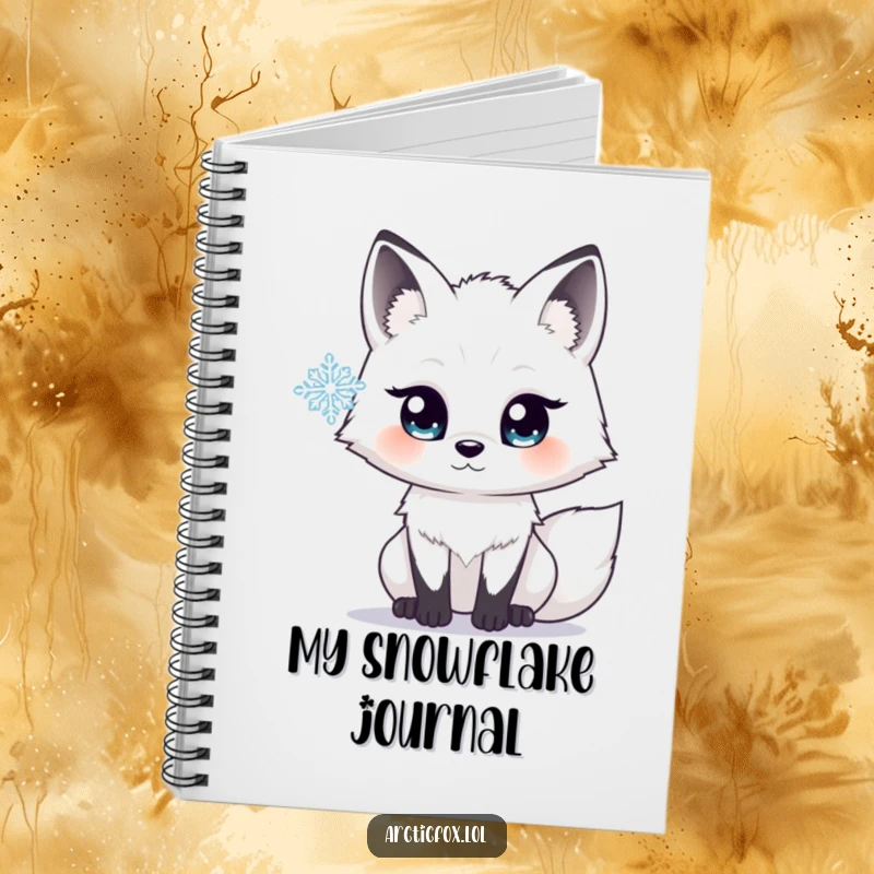 Funny notebook with an arctic fox sporting wide, sparkling eyes, intently watching a delicate snowflake fall, perfect for journaling winter thoughts.