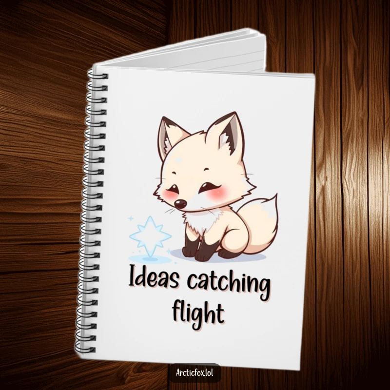Funny Arctic fox notebook, playfully chasing snowflake, winter journaling, perfect for notes and creativity, a charming funny gift.