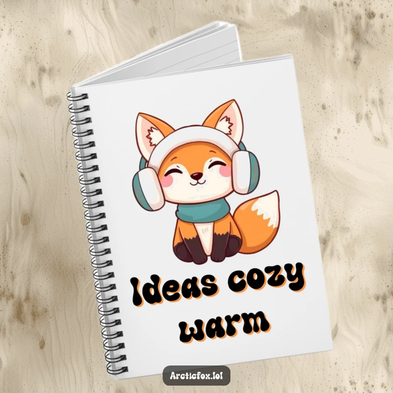 Funny Notebook: A content fox wearing earmuffs, looking pleased, ready to record thoughts in a fun, humorous way.