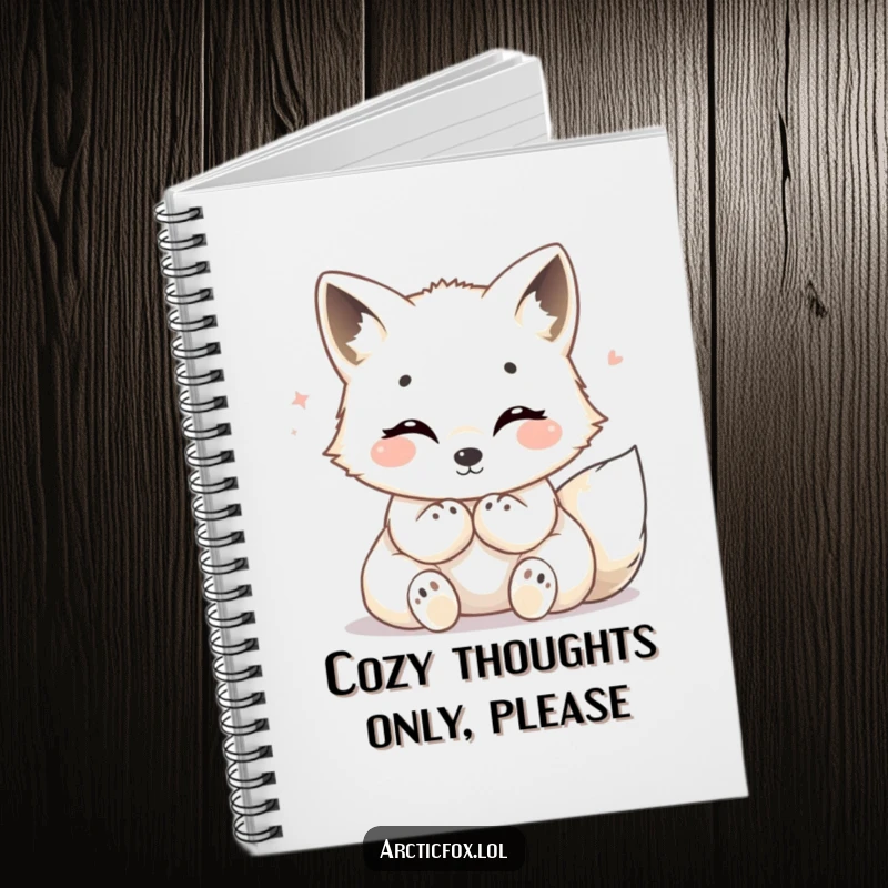 Funny Arctic fox notebook, featuring a content fox radiating cozy warmth, perfect for writing happy thoughts.