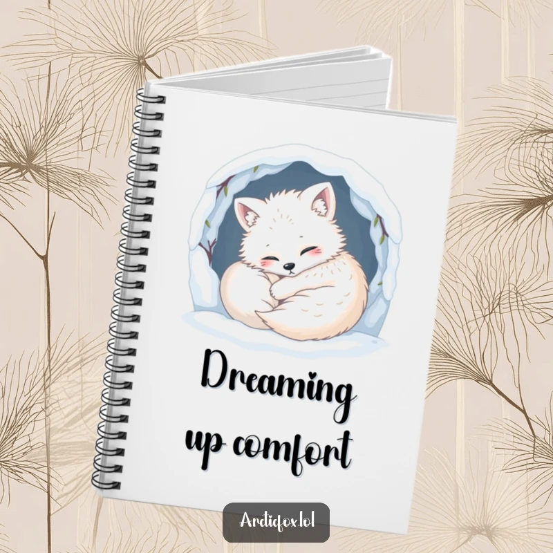Funny Notebook: A content arctic fox humorously curls up snugly in its snowy den, inspiring cozy and creative thoughts.