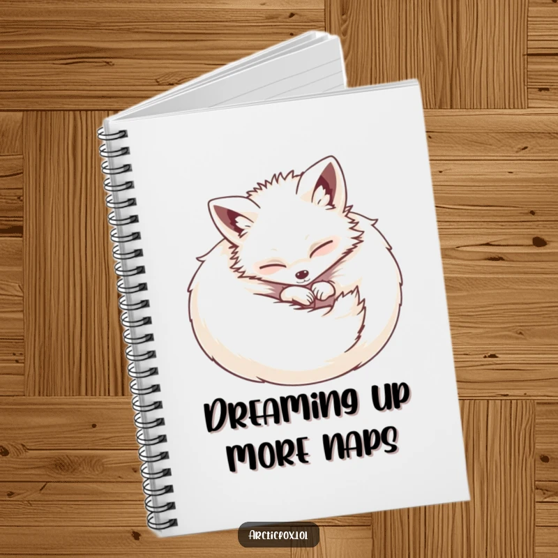 Funny notebook cover with a fluffy Arctic fox curled into a contented ball, inspiring cozy thoughts and creative writing.