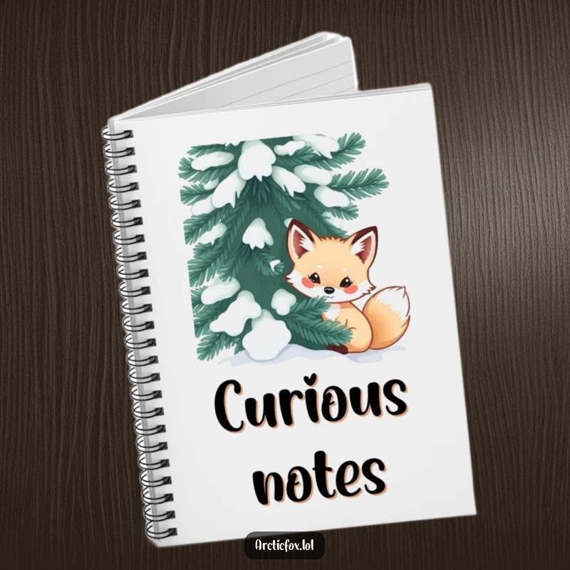 Funny arctic fox notebook featuring a curious creature peeking from behind a snow-dusted evergreen, perfect for journaling winter mysteries.