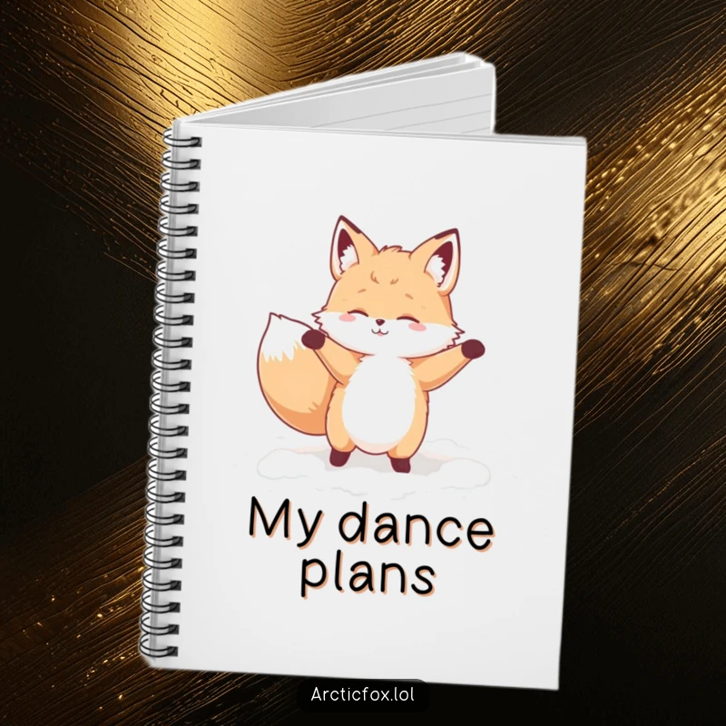 Funny notebook cover with a fluffy fox character doing a silly dance in soft snow, perfect for jotting down fun ideas.