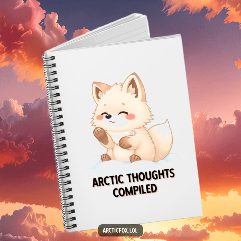 Funny arctic fox notebook showing a fluffy fox with paws deep in snow, gleefully catching a snowflake.