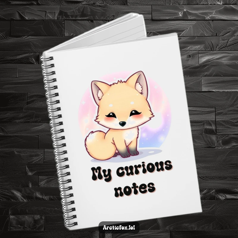 Funny Kawaii arctic fox notebook showing a cute fox curiously sniffing a colorful aurora.