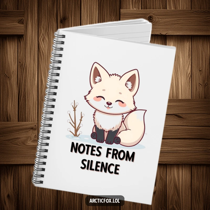 Funny Kawaii arctic fox with ears perked, listening, a cute and amusing notebook.