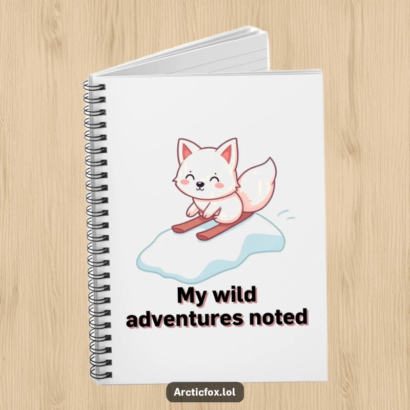 Funny Kawaii Arctic Fox Notebook, gleefully sliding down an icy slope, cute stationery, humorous animal journal, ideal funny gift