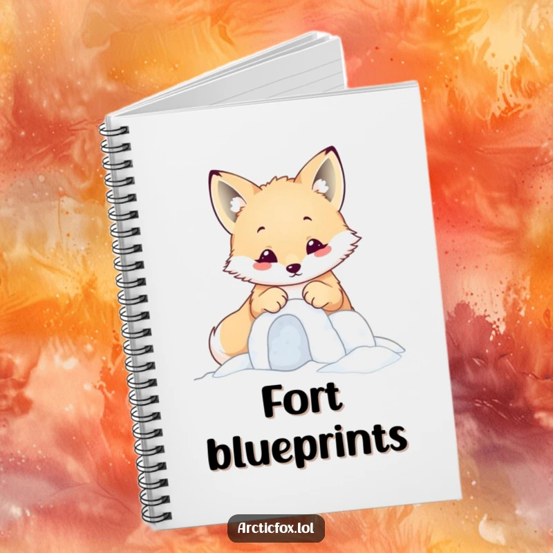 Funny kawaii arctic fox busy building a snow fort with its paws, ready to inspire notes in a cute notebook.