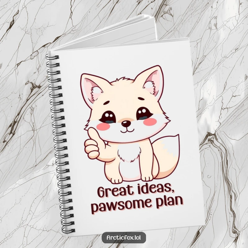 Funny kawaii arctic fox giving a cheerful thumbs up with its paw, depicted on the cover of a charming notebook.