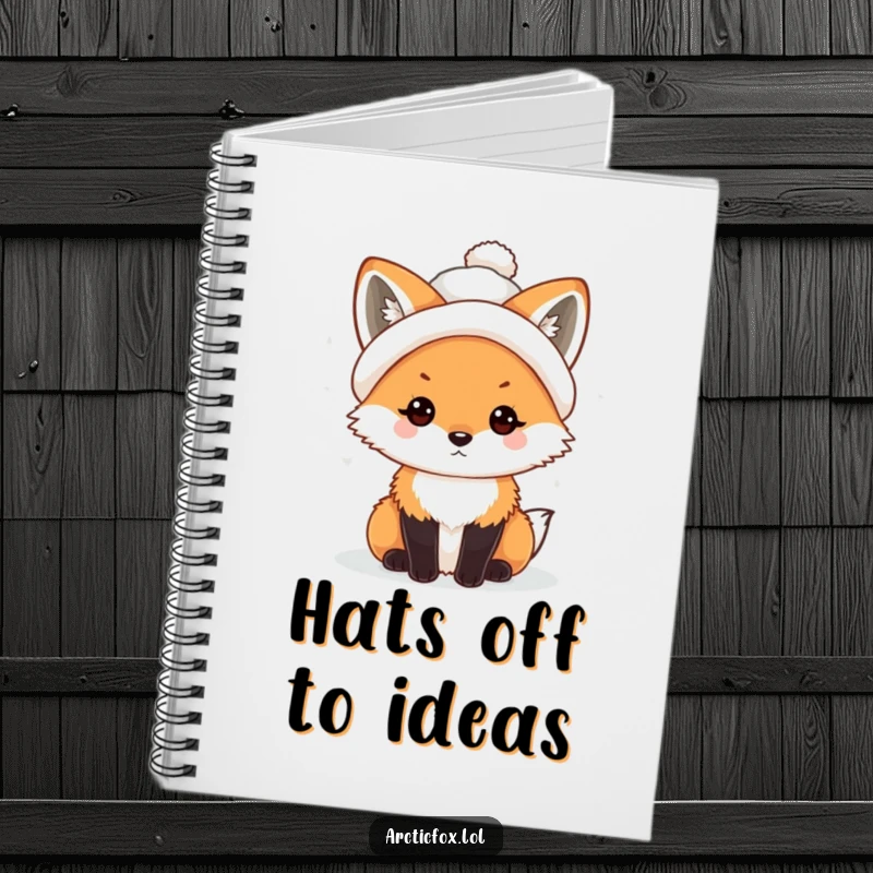 Funny Kawaii Arctic Fox Notebook with a snowball hat, perfect for jotting notes with winter flair.