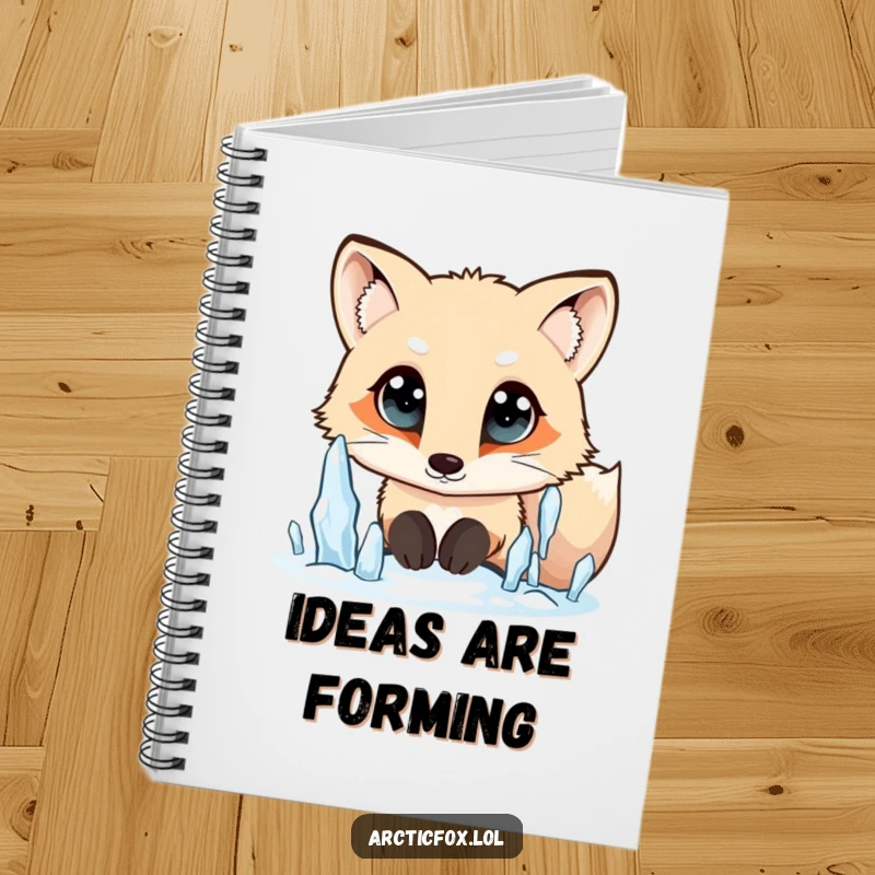 Funny Arctic fox notebook, wide curious eyes, looking at falling icicles, encouraging curiosity, a perfect funny gift.