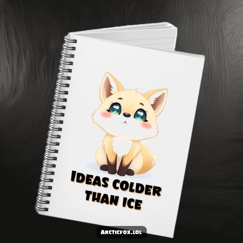 Funny notebook cover featuring an arctic fox with wide, curious eyes, watching snowflakes fall, perfect for jotting down thoughts.