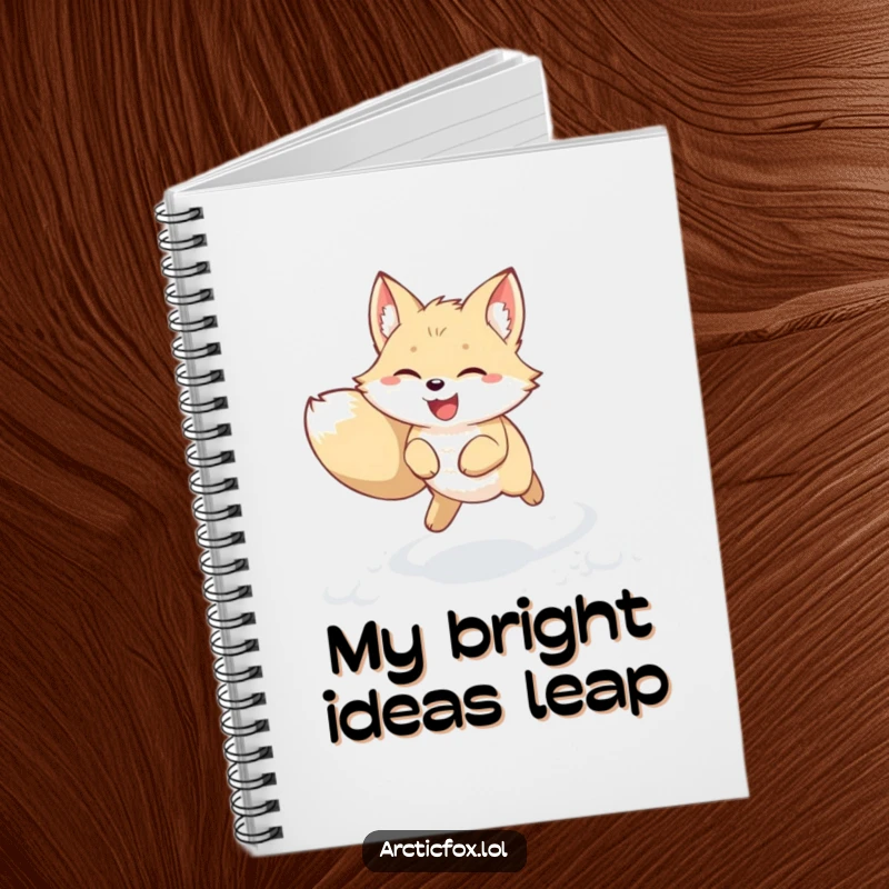 Funny kawaii arctic fox notebook featuring a joyful creature leaping through fresh snow with perked ears. Cute and humorous stationery, great funny gift.