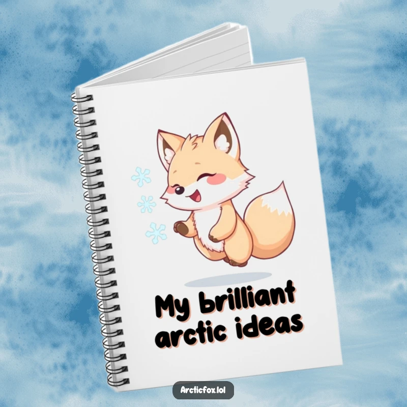 Funny Kawaii Arctic Fox Notebook, joyfully chasing a swirling snowflake, cute stationery, humorous animal journal, ideal funny gift for writers