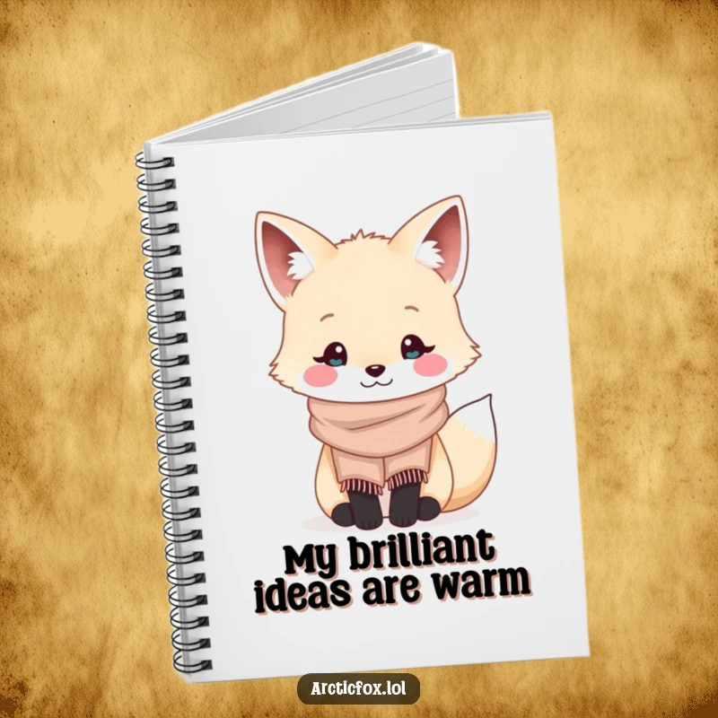 Funny kawaii arctic fox wearing a tiny cozy scarf and smiling, depicted on the cover of a charming notebook.