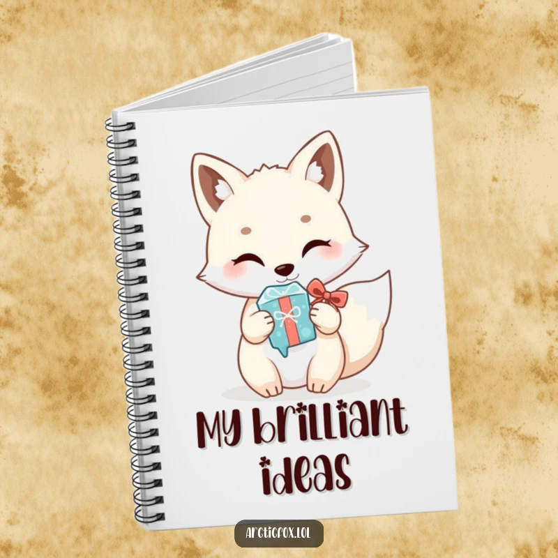 Funny Kawaii Arctic Fox Notebook: Cute white fox humorously offering a shiny icicle as a gift, perfect for jotting down kind thoughts.