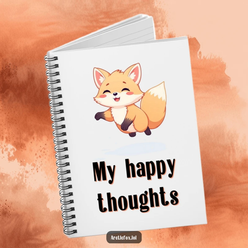 Funny Kawaii Arctic Fox Notebook: Cute white fox humorously jumping high in fresh snow, perfect for jotting down happy thoughts.