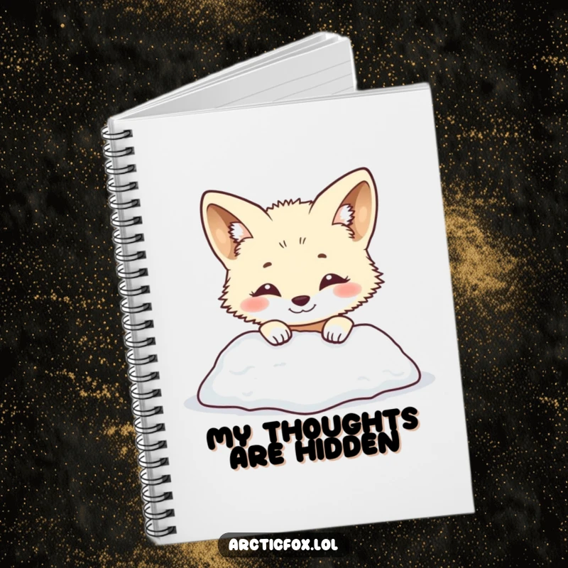 Funny arctic fox notebook featuring a smiling creature playfully peeking from behind a snowy mound. Cute and humorous stationery, great funny gift.