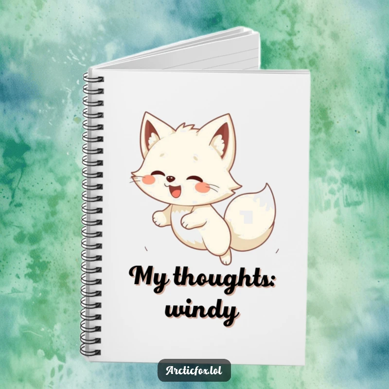Funny Kawaii arctic fox joyfully pouncing on wind, a cute and amusing notebook for creative thoughts.