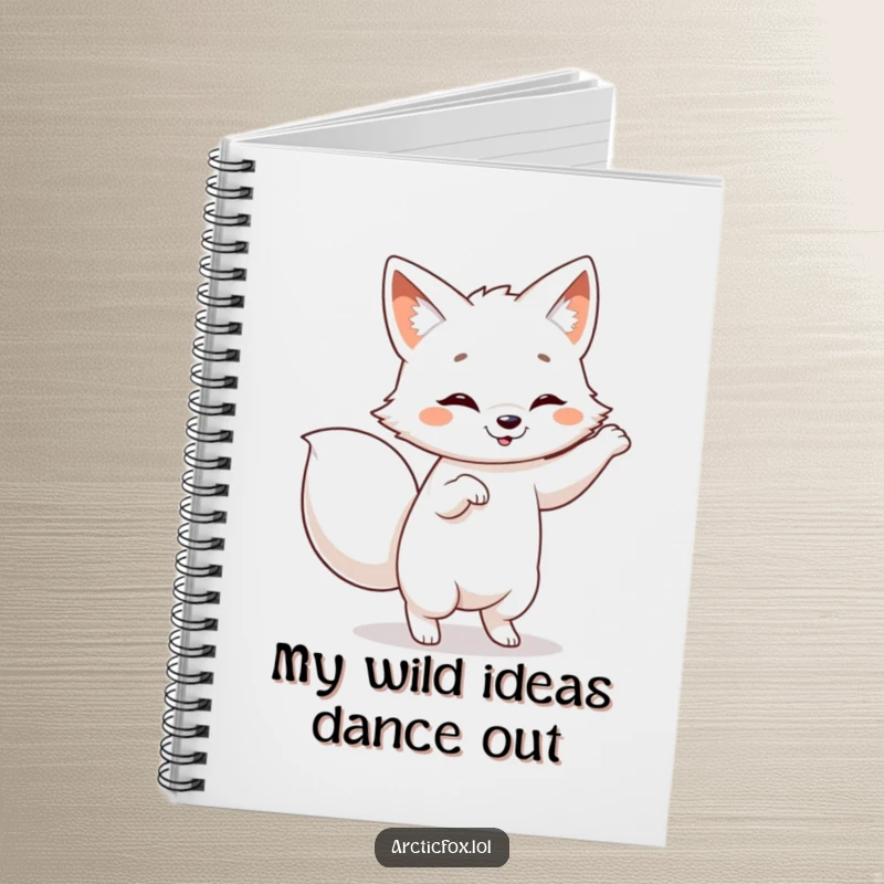 Funny Arctic fox notebook, featuring a dancing fox with a wagging tail, inspiring creative and fun note-taking.