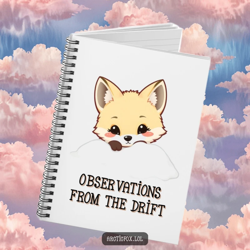 Kawaii Arctic fox with curious eyes peeking from snow, on the cover of a notebook, perfect for notes.