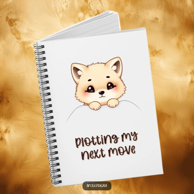 Funny notebook cover with a chubby Arctic fox peeking curiously from a snowdrift, inspiring thoughtful notes and creative ideas.