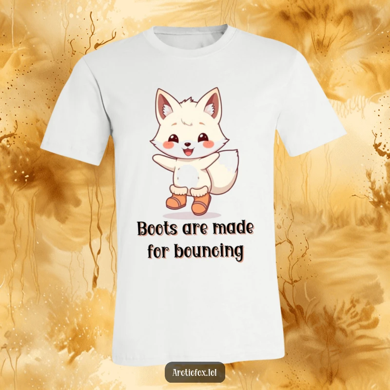Funny T-Shirt: An arctic fox character adorned with tiny boots, joyfully mid-leap, perfect for a whimsical and humorous look.