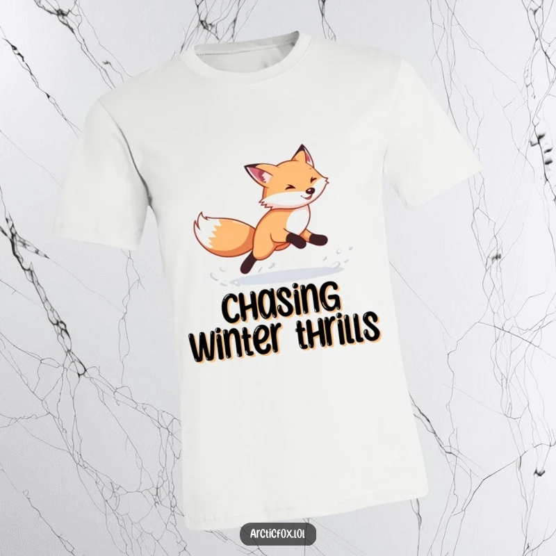 Funny Arctic Fox T-Shirt: Energetic fox mid-run, kicking up snow, dynamic action portrayed, ideal funny gift for him or her.