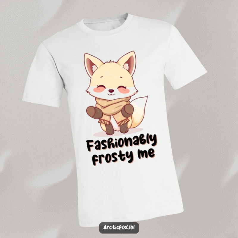 Funny Giggling Fox T-Shirt: Cute arctic fox with scarf and mittens, giggling happily, ideal funny gift for kids and adults.