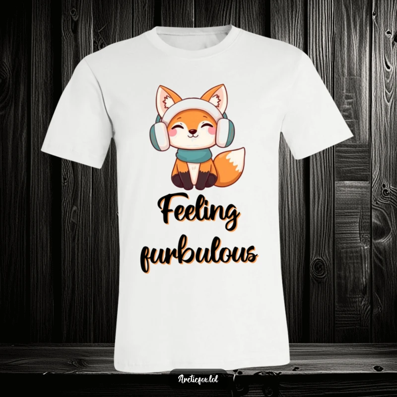 Funny T-Shirt: A cheerful fox sporting warm earmuffs, looking utterly content, perfect for a cozy, humorous look.