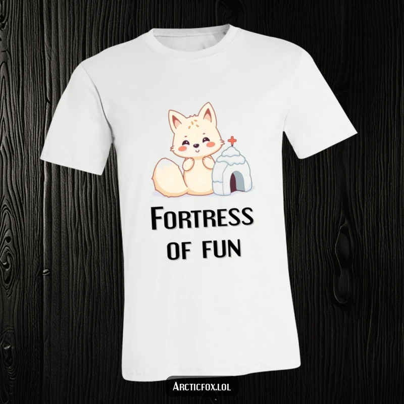 Funny Kawaii arctic fox building a perfect snow fort, a humorous and charming t-shirt design.