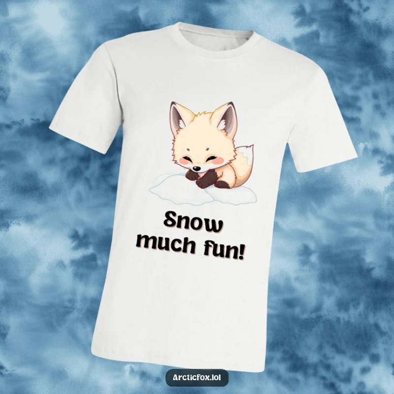 Funny adorable arctic fox t-shirt, playfully digging in fluffy white snow, radiating innocence and arctic charm.