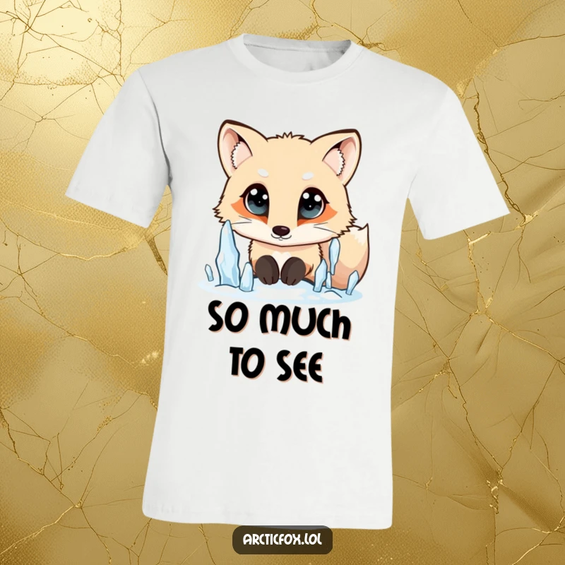 Funny Arctic fox t-shirt, wide curious eyes, looking at falling icicles, capturing fascination and awe, ideal for a humorous funny gift.