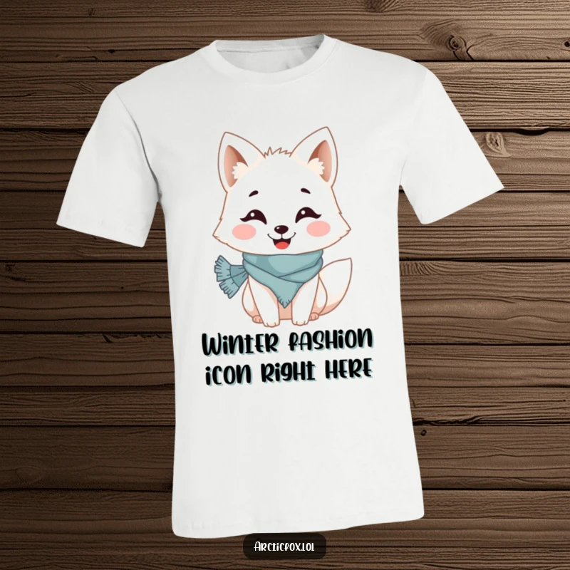Funny t-shirt with a cheerful Arctic fox character smiling broadly while wearing a small, knitted scarf around its neck, looking incredibly cute.