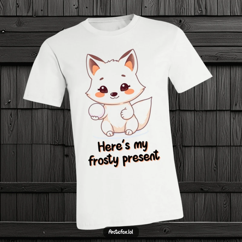 Funny Arctic fox t-shirt, presenting a snowball with a beaming smile, embodying a friendly and generous spirit.