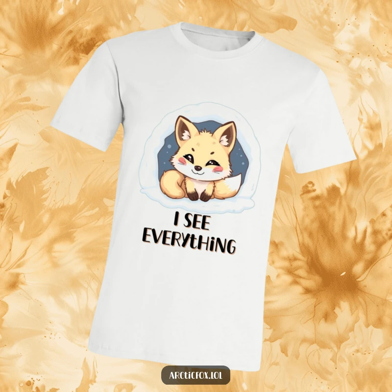 Funny Arctic fox t-shirt, mischievous grin, peeking from snowy den, playful and sly, perfect for gifting and expressing humor.