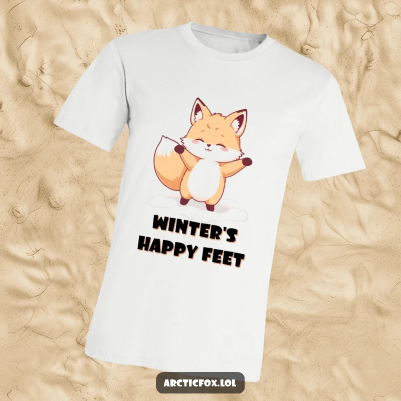 Funny t-shirt depicting a fluffy fox enthusiastically doing a comical, silly dance amidst a soft, deep pile of snow.