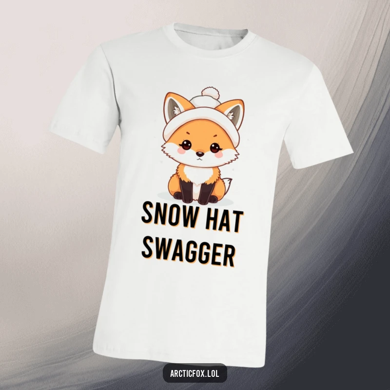 Funny Kawaii Arctic Fox T-Shirt featuring a cute character in a tiny, crooked snowball hat.