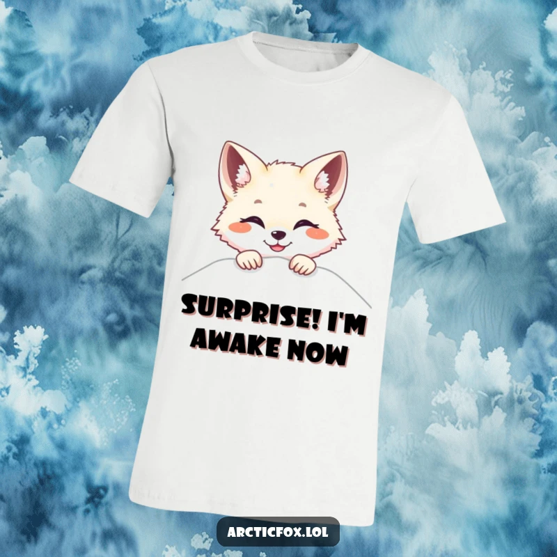 Funny Arctic fox t-shirt, peeking over snow with a big, bright smile, conveying playful mischief and happiness.