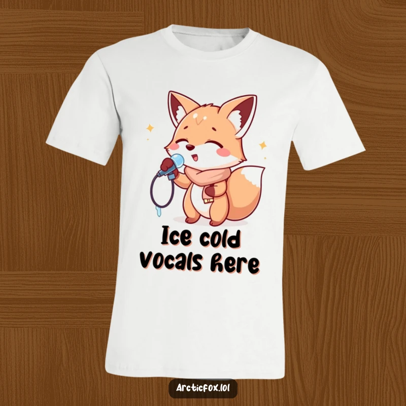 Funny T-Shirt: A spirited fox holding an icicle as a microphone, performing with pure musical enthusiasm and humor.