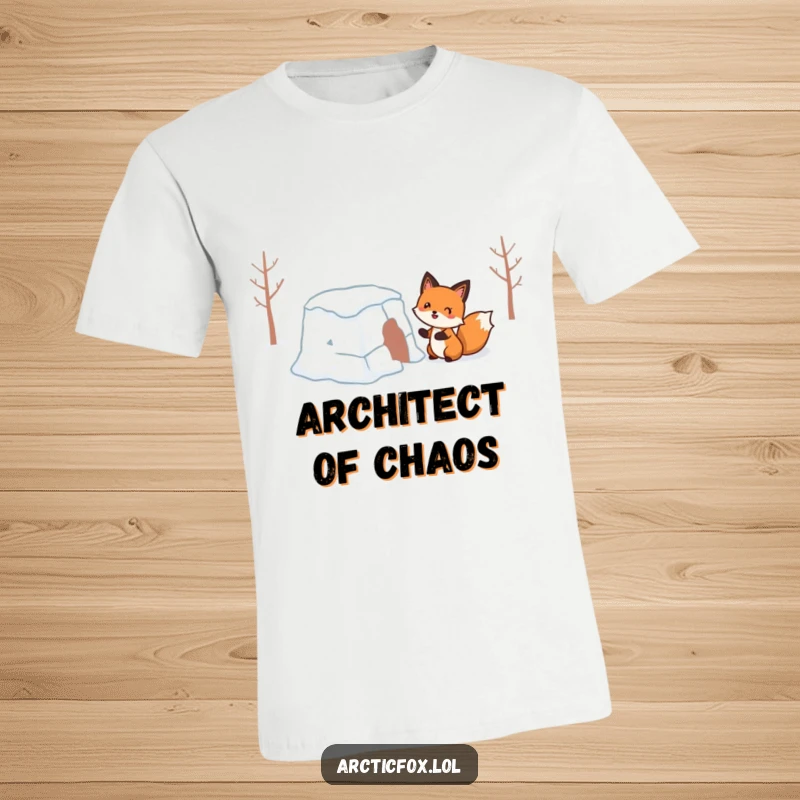 Funny T-Shirt: A joyful fox hilariously attempting to construct a lopsided snow fort, embodying winter's funny struggles.