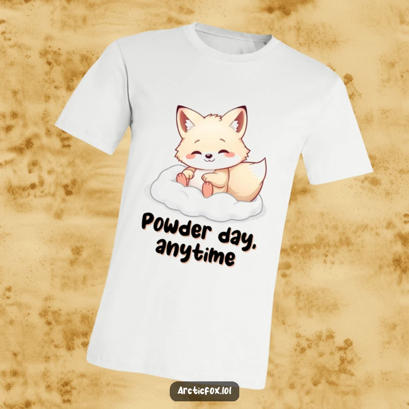 Arctic fox happily rolling in soft snow on a t-shirt, ideal for winter enthusiasts.
