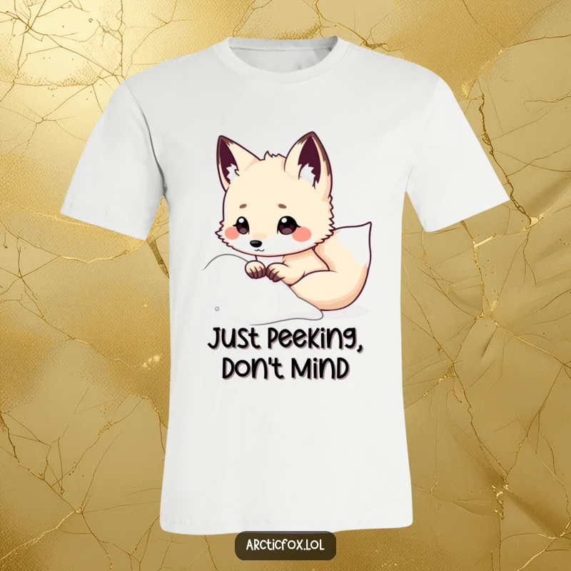 Funny Kawaii Arctic Fox T-Shirt, peeking from behind snow, ears perked, cute arctic animal graphic, amazing funny gift for friends