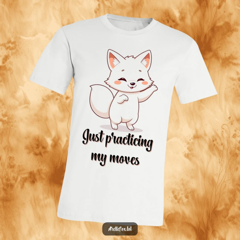 Funny Arctic fox t-shirt, caught in a hilarious dance pose with a wagging tail, embodying pure joy.